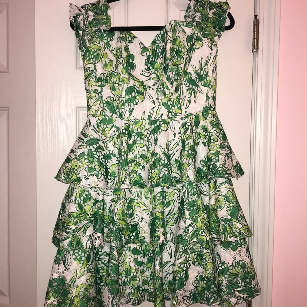 Lilly Pulitzer White and Green Floral Tiered Mini Dress